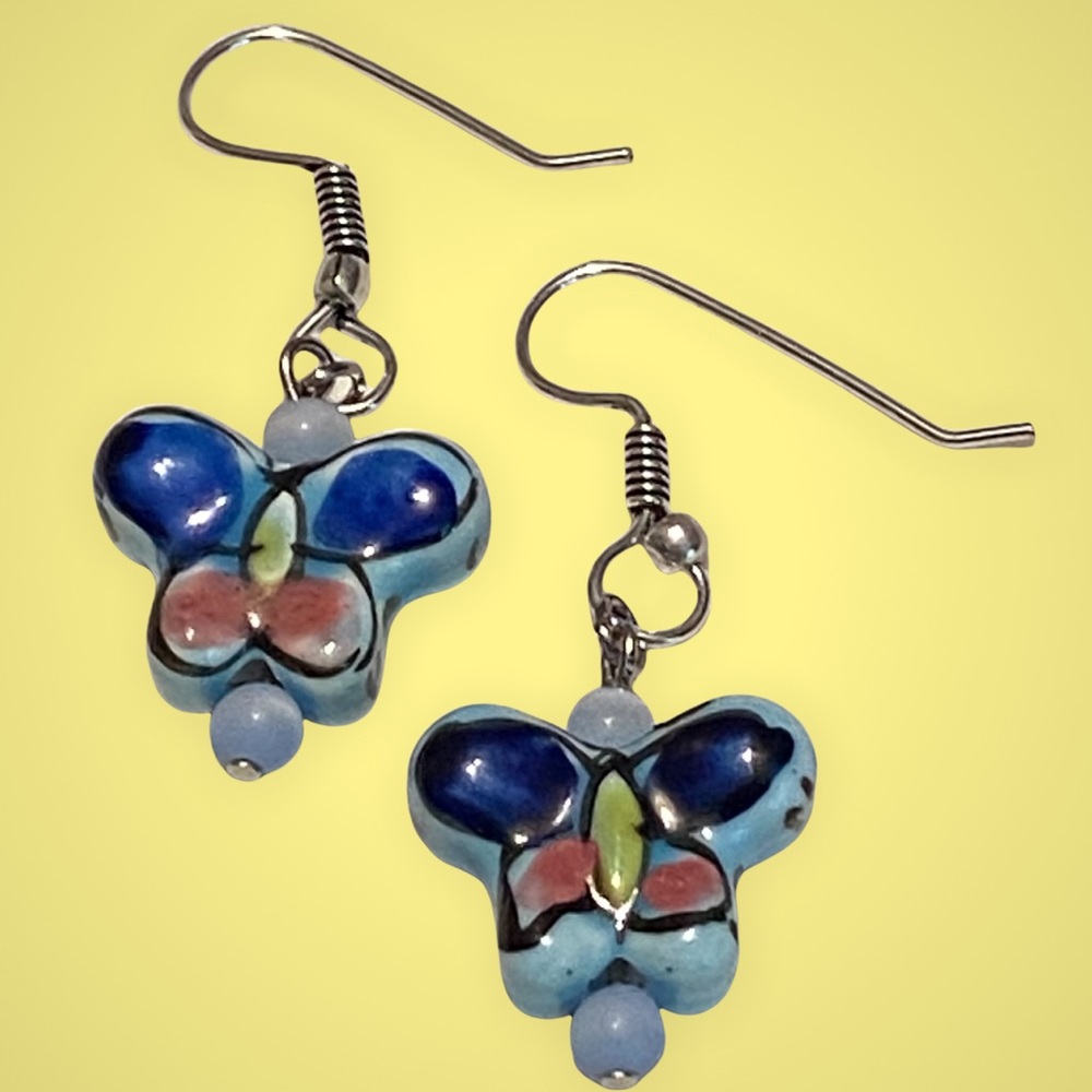 Hand Crafted Butterfly Earrings Porcelain Long Dangle Blue Pink Pierced - Picture 3 of 7